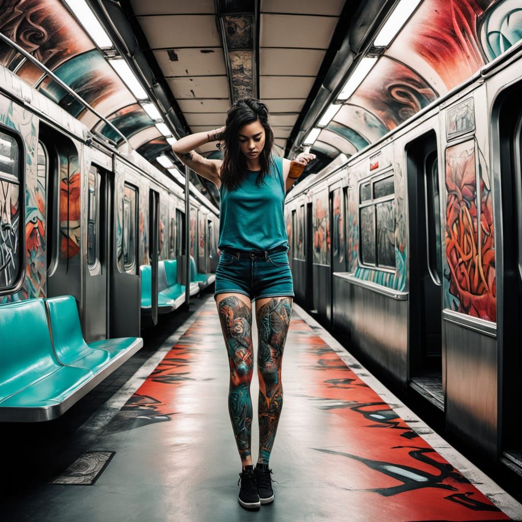 Surreal Urban Artwork of Woman Hanging Upside Down in Subway...