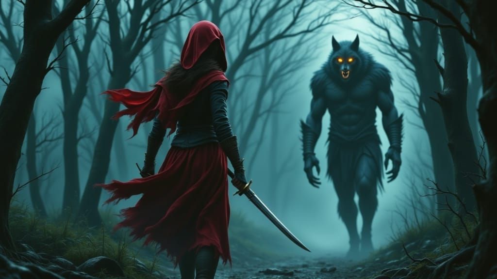 Warrior Red Riding Hood in Dark Forest
