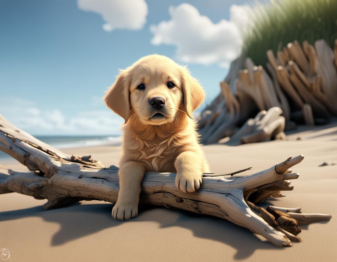 Golden Retriever Puppy on a Sunny Beach