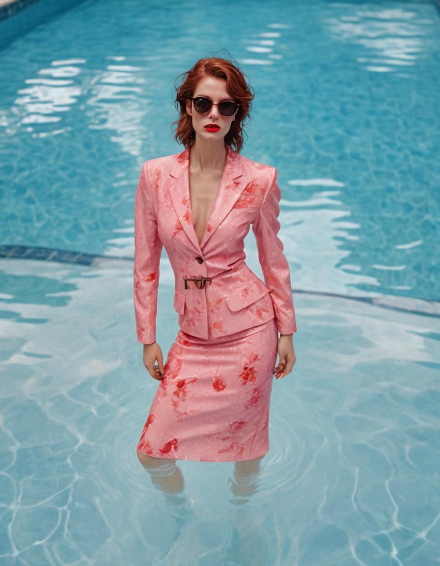 Glamorous Woman in Pink Skirt-Suit in Pool