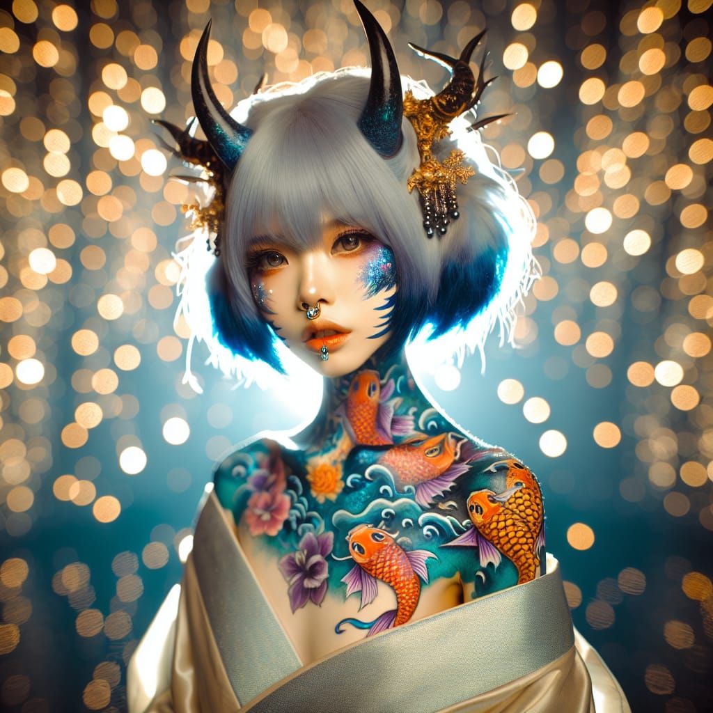 Ethereal Oni Girl with Koi Tattoos in 8k Digital Art