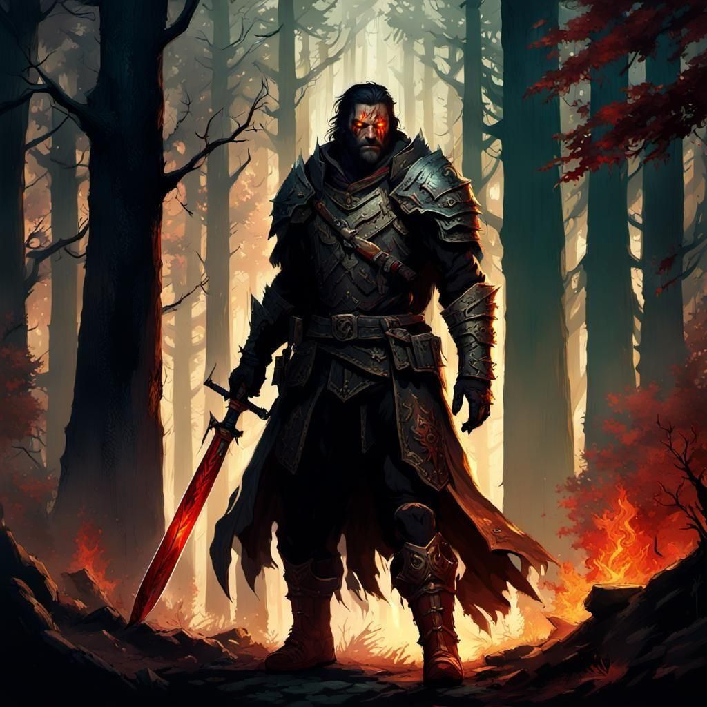 Grizzled Blood Hunter in Shadowy Forest