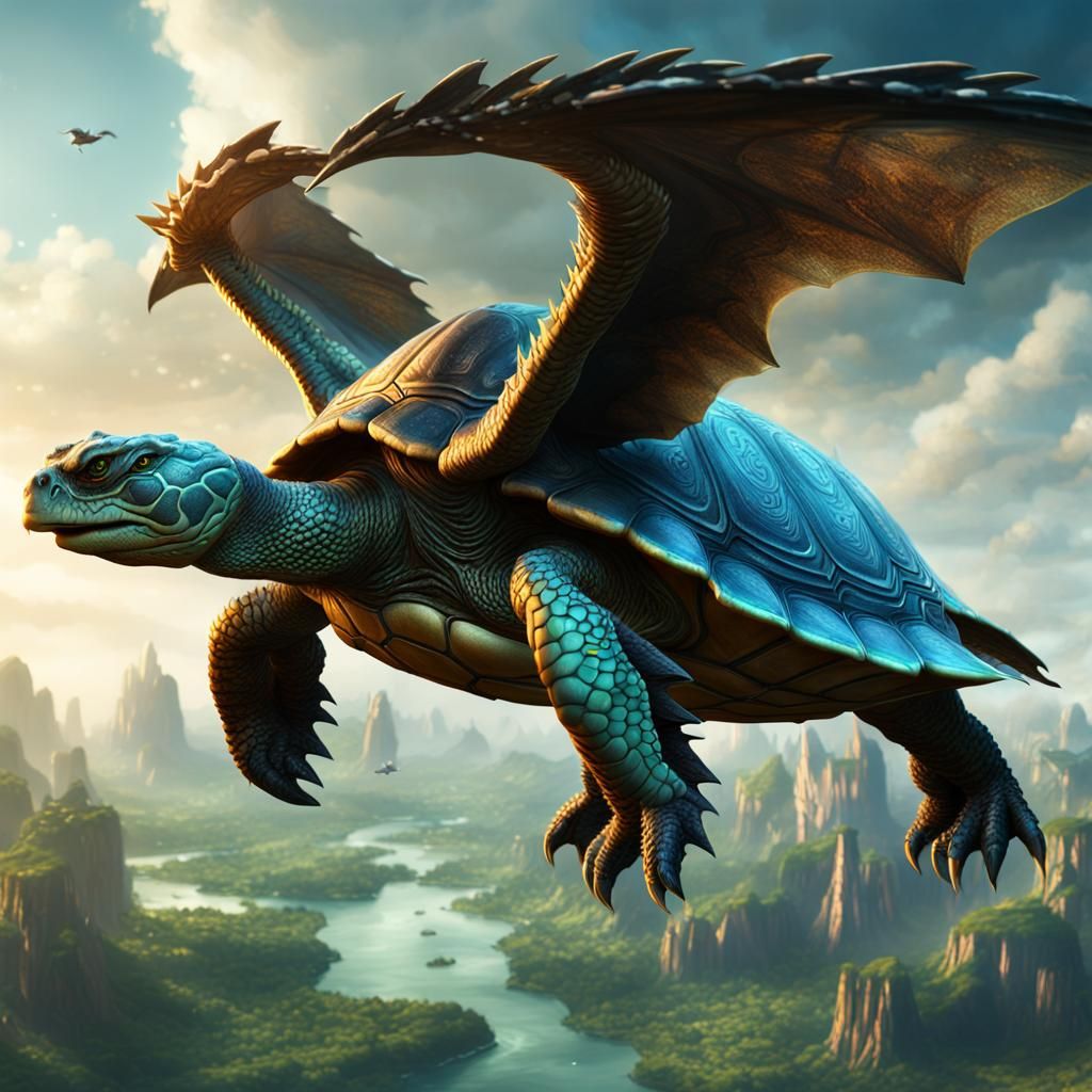 Fantastical Flying Turtle Dragon in Detailed Digital Art