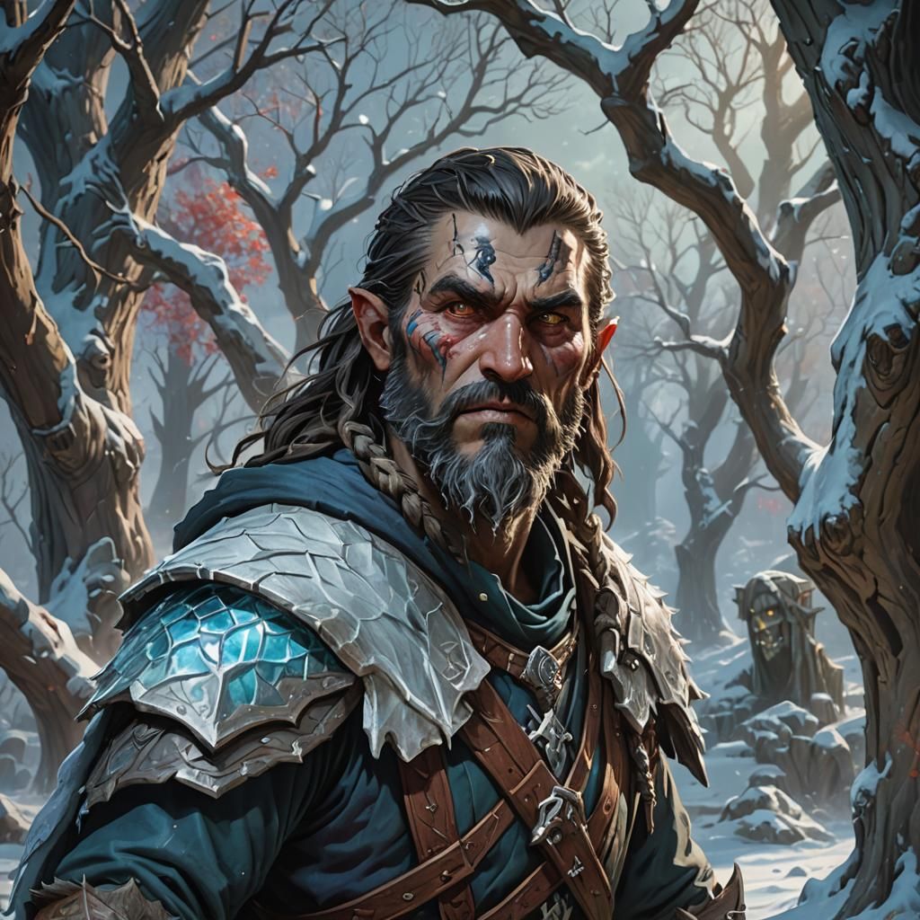 Detailed Ice and Tree Man Portrait in D&D Style
