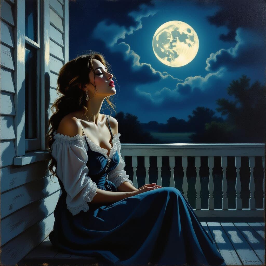 Woman Howling at Moon: Hyperrealistic Oil Painting