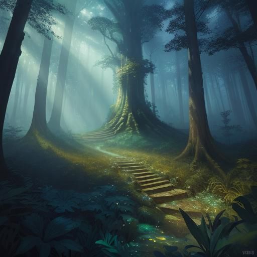 Mystical Forest in Surreal Light, Fantasy Illustration