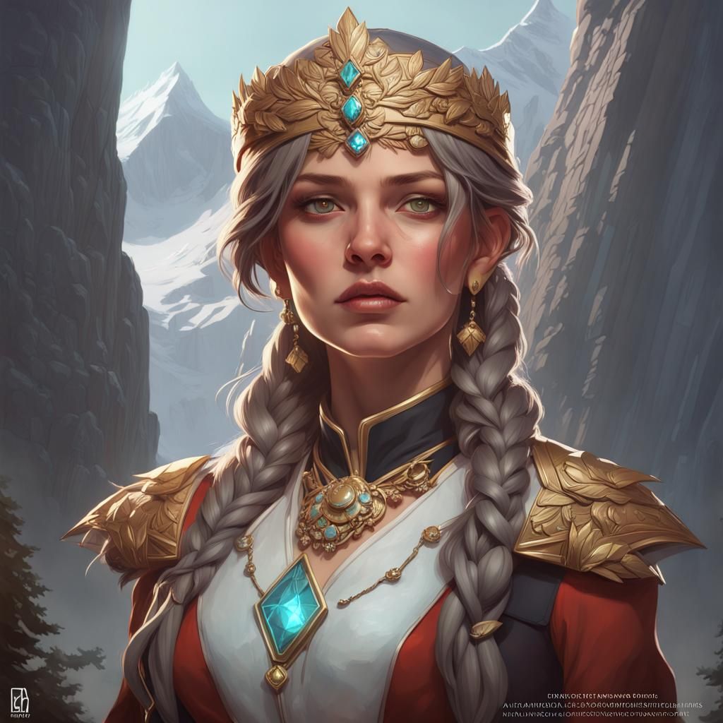 Somber Mountain Princess Portrait in Art Nouveau Style