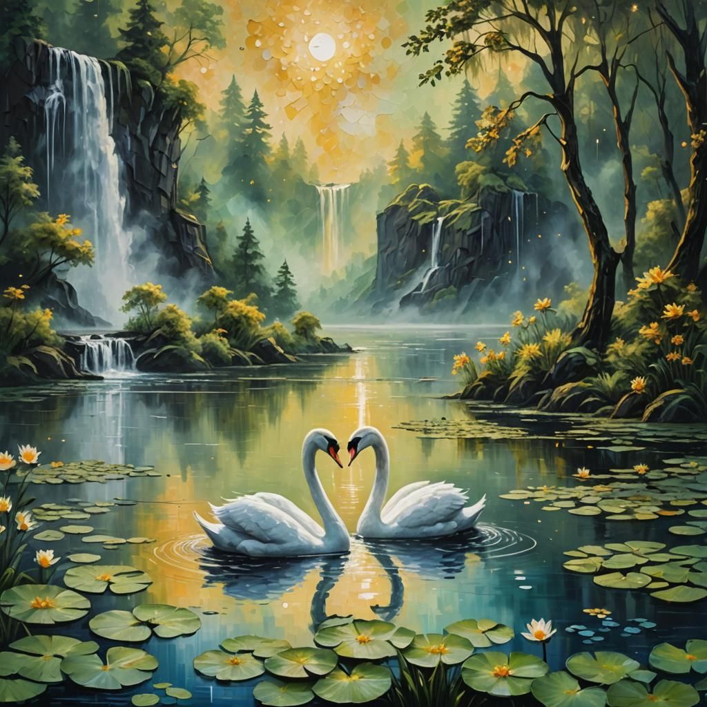 Swans in Forest Clearing as Impasto Painting