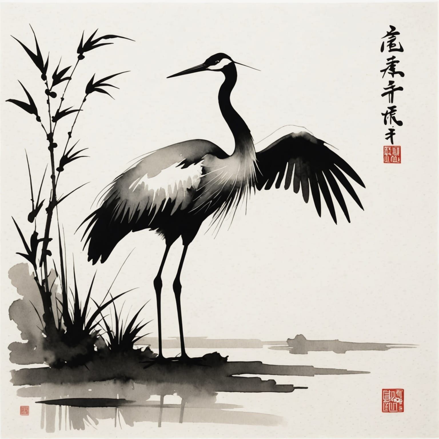 Minimalist Sumi-e Ink Crane Painting