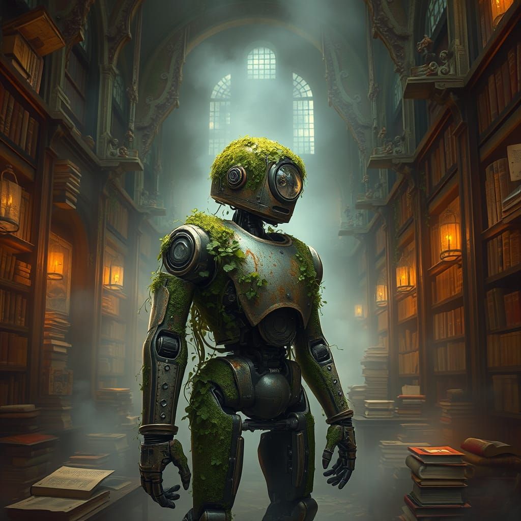 Robot Discovering Glowing Books in Forgotten City