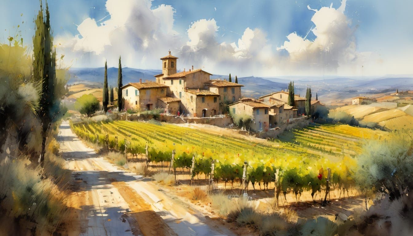 Rustic Tuscan Village and Vineyards in Sunny Watercolor