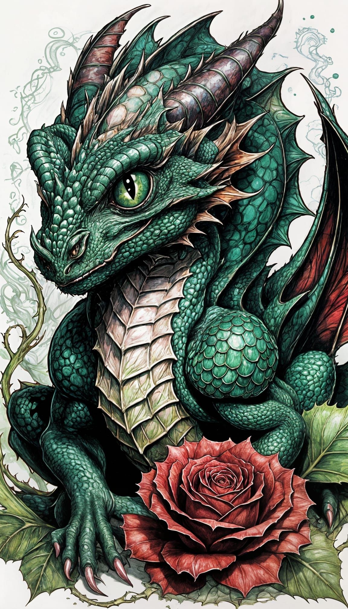 Comic Book Style Baby Dragon Curled Up in a Dark Rose