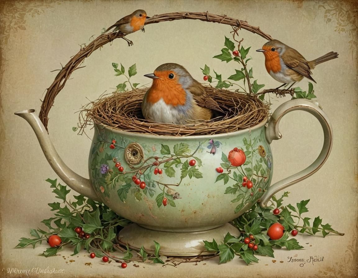 Robin's Teapot Nest: Whimsical Storybook Illustration