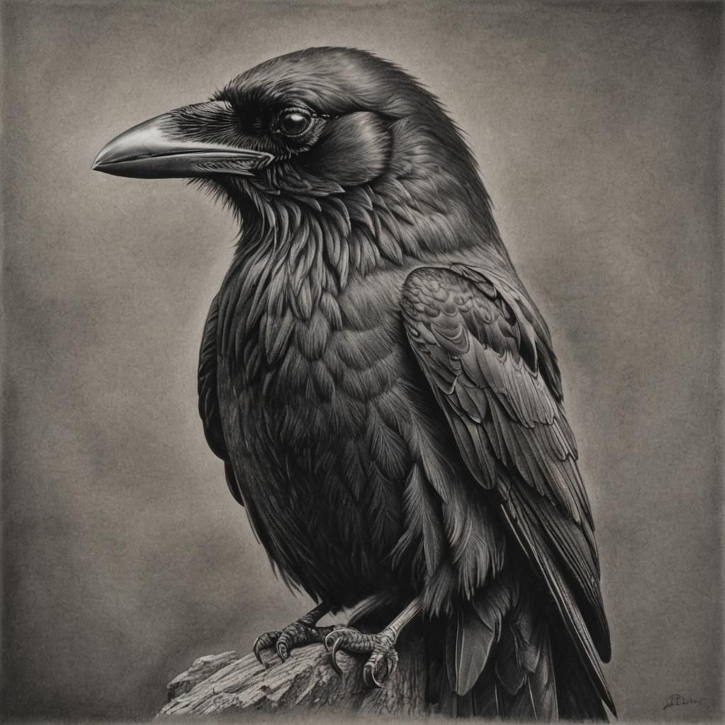 Hyperdetailed Charcoal Drawing of a Raven