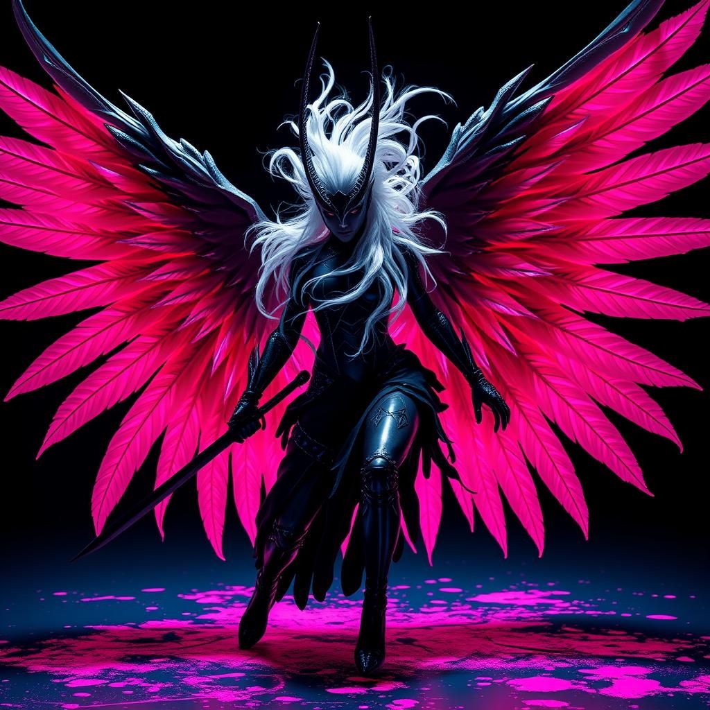 Winged Valkyrie in Dynamic Pose, Giger-Inspired Digital Art