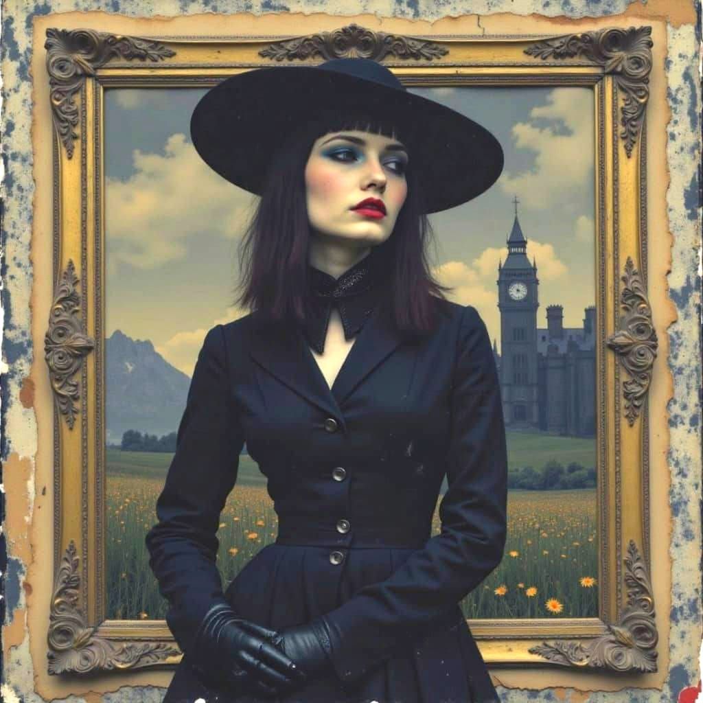 Gothic Portrait in Gilded Frame with Dark Atmosphere