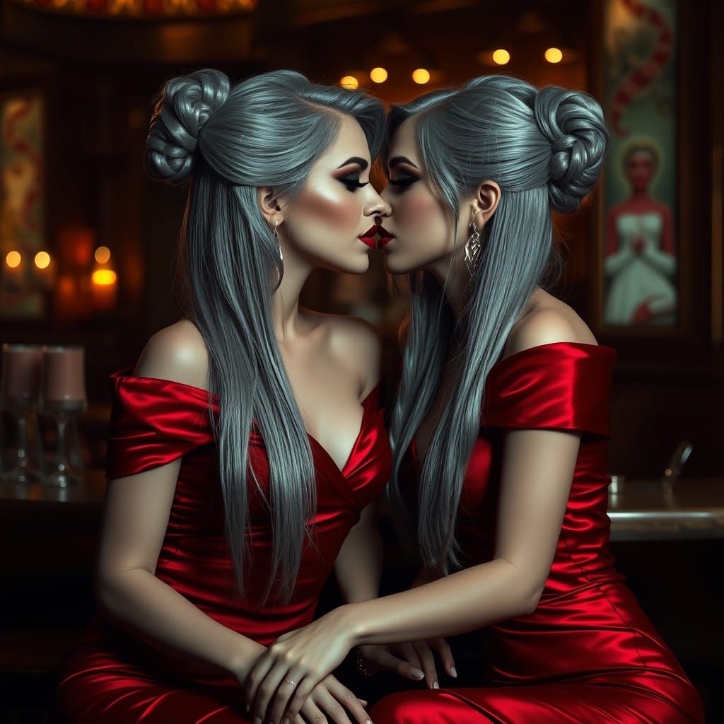 Elegant Women Share a Tender Kiss in a Dimly Lit Bar
