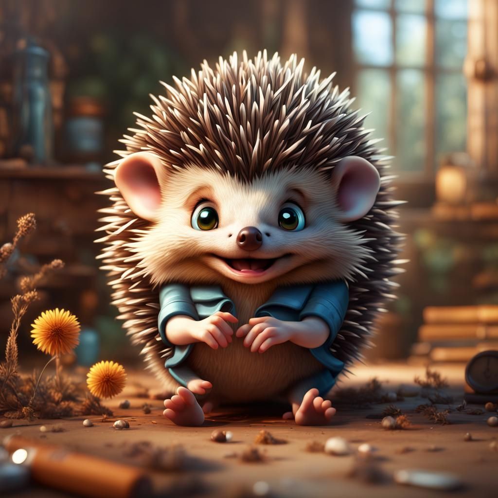 Playful Hedgehog Polishing Spines for School, Detailed Digit...