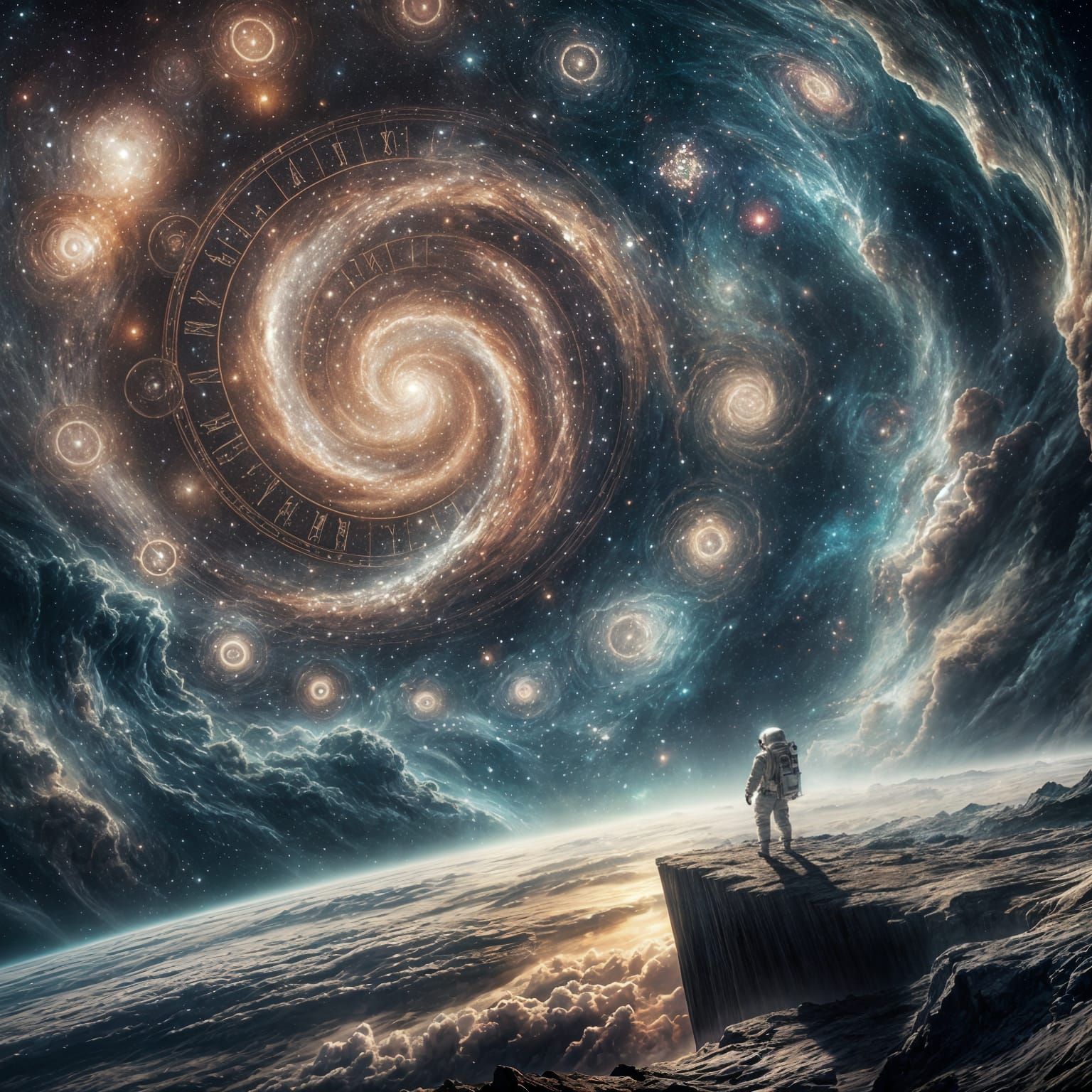 Astronaut Adrift in Cosmic Whirlpool with Glowing Symbols
