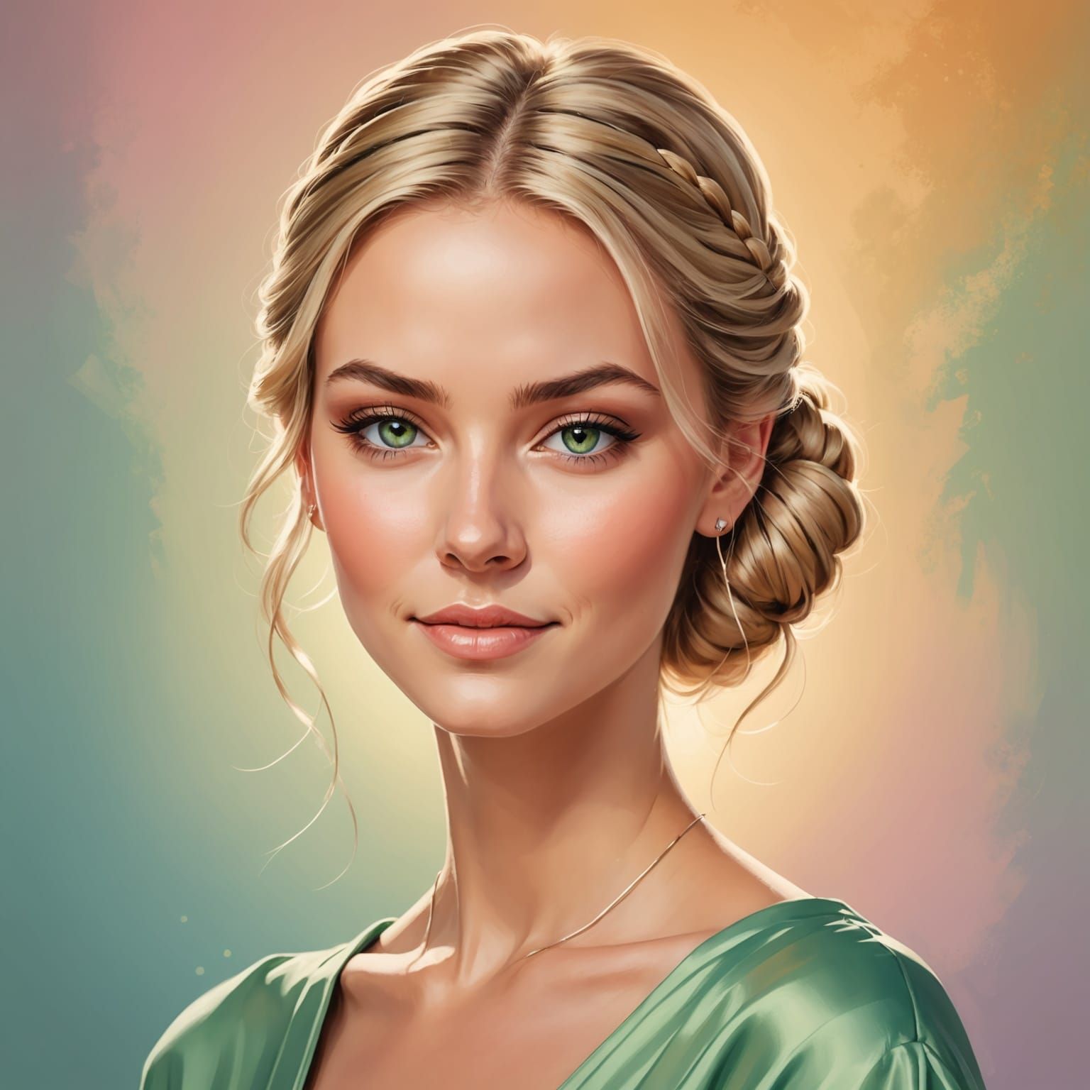 Young Woman with Green Eyes in Pastel Hues