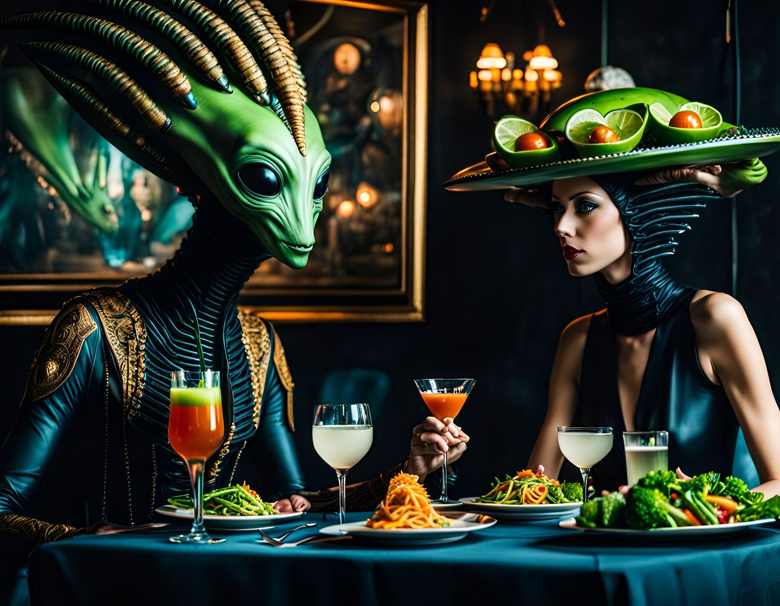 Surreal Restaurant Scene with Elegant Aliens