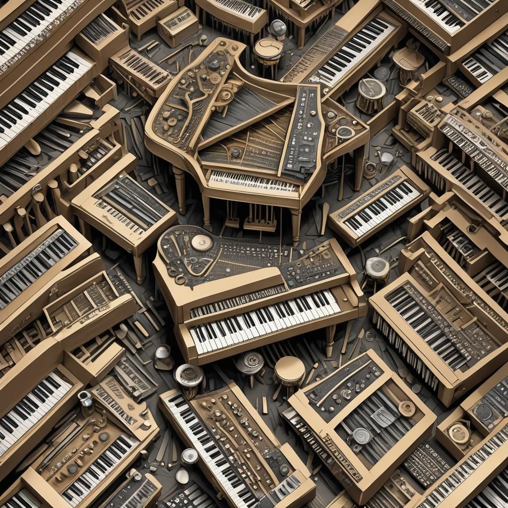 Surreal Cyberpunk Piano Composed of All Instruments