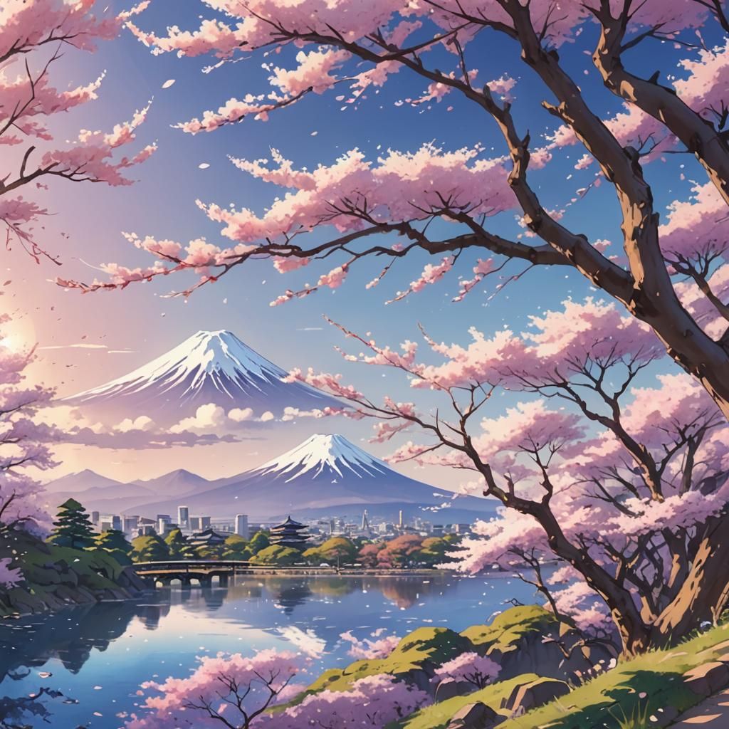 Mount Fuji Cherry Blossoms in Anime Style