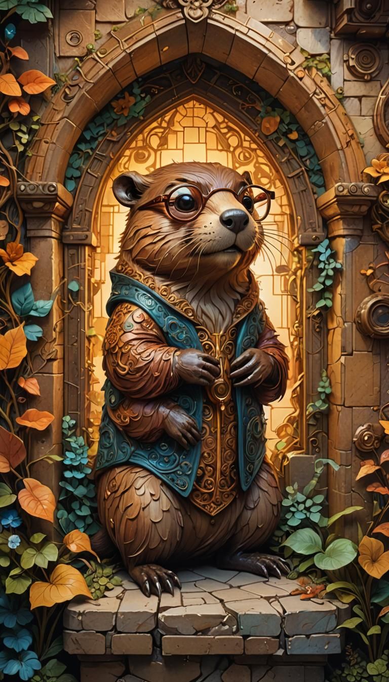 Anthropomorphic Beaver and Intricate Fantasy Architecture