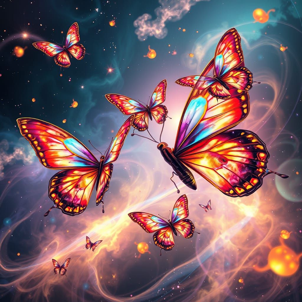 Surreal Cosmic Butterflies in Vibrant, Iridescent Nebula
