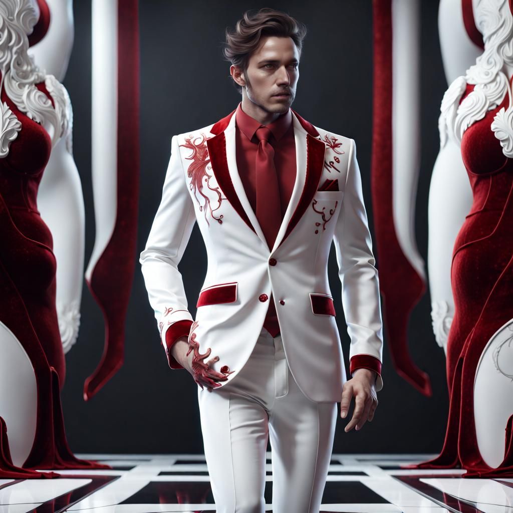 Man in White Suit with Red Velvet Details