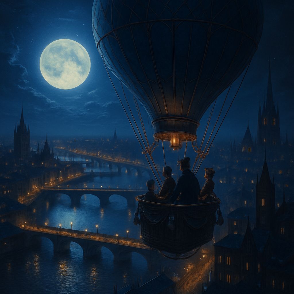 Victorian Balloon Flight Over City at Night