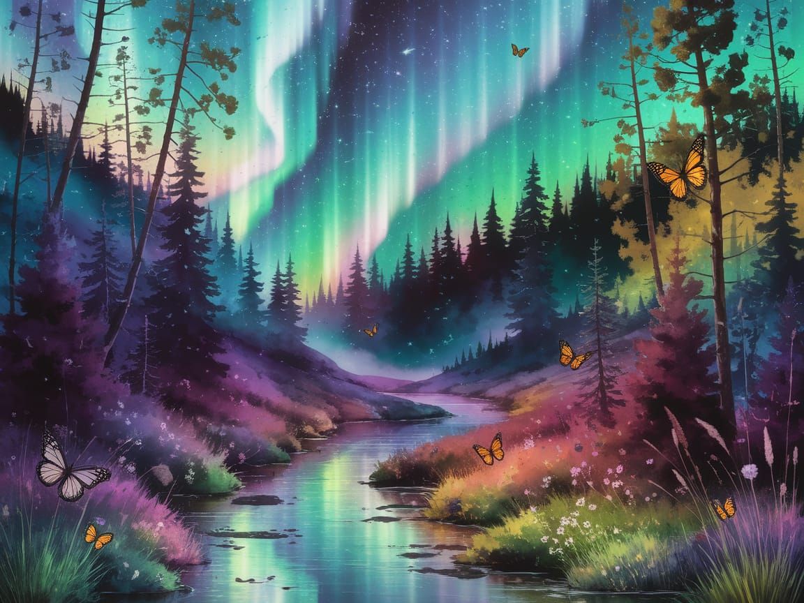 Aurora Borealis Meadow Fantasy Landscape in Watercolor