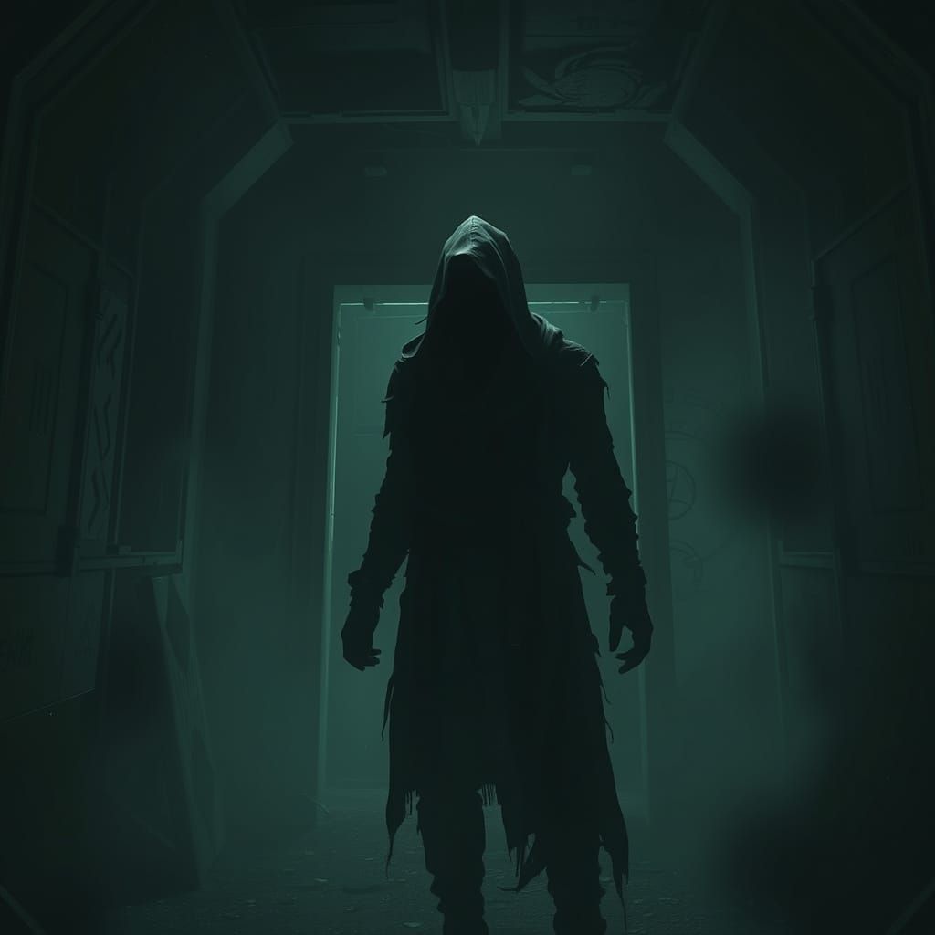 Mysterious Figure in Abandoned Chamber: Cyberpunk Aesthetic