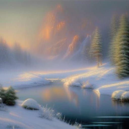 a pond covered with ice, beautiful  mountains covered in sno...