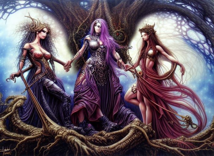 Norse Goddesses at Yggdrasil Roots: Digital Art