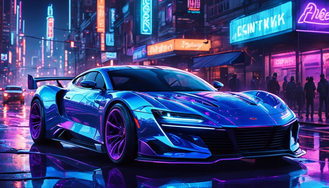 Blue Sports Car Races Through Neon City in Comic Art