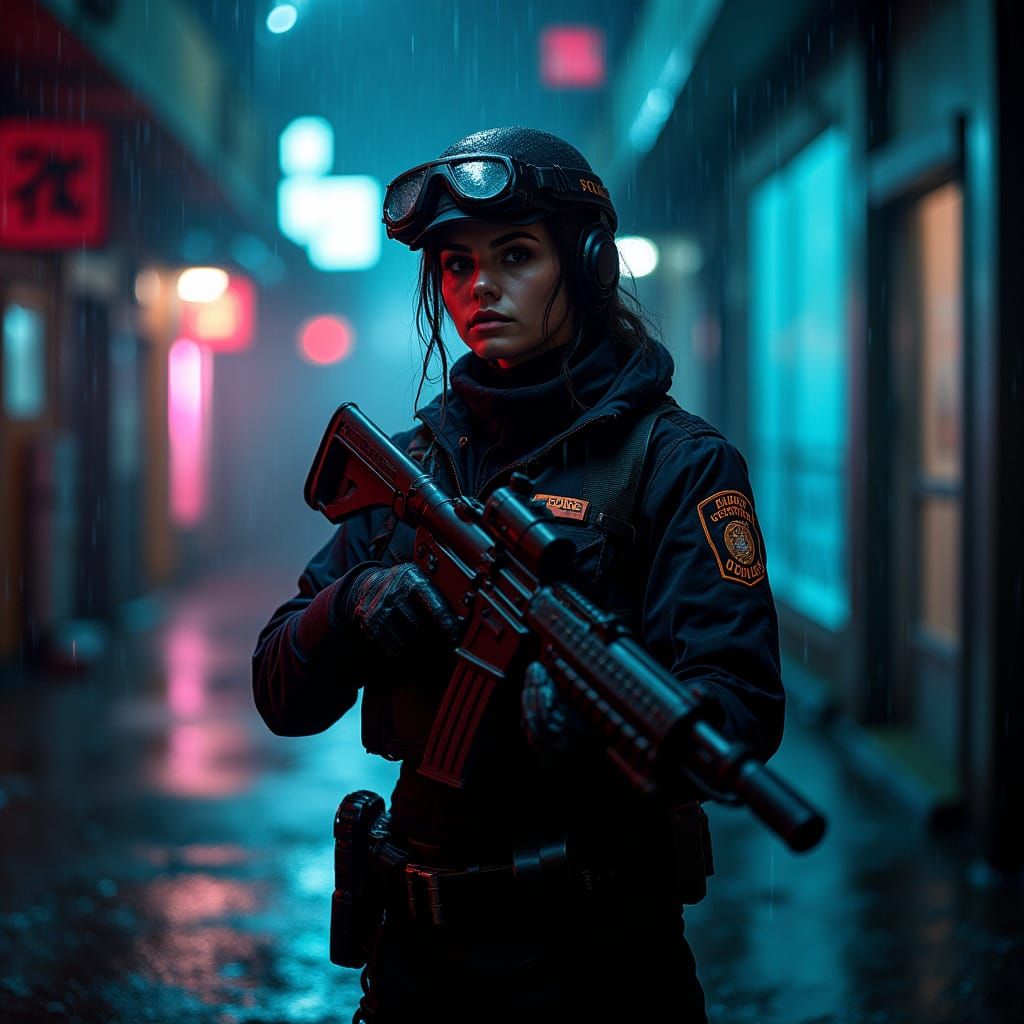Cyberpunk Police Officer Stands Guard in Neon Alley
