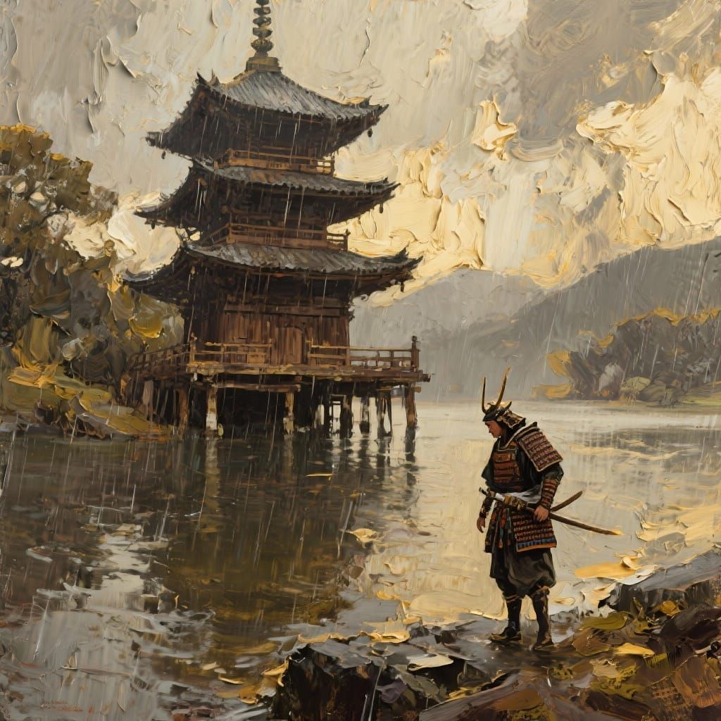 Samurai at Rainy Pagoda in Impasto Oil Style