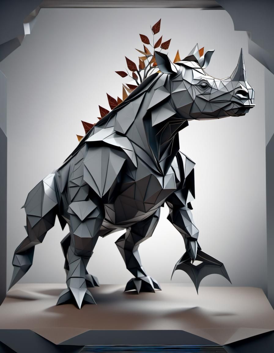 Intricate Kirigami Rhino Robot in Autumn Forest