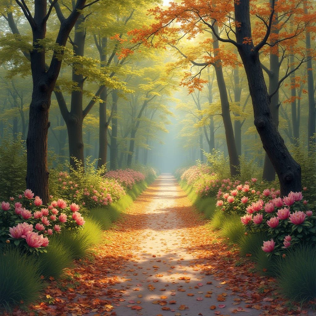 Sunlit Forest Path in Vibrant Colors