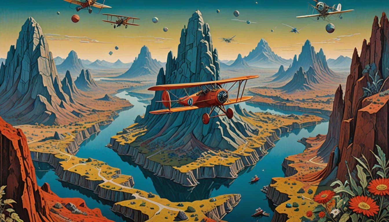 Surreal Biplanes in a Geometric Pattern above a Fantastical ...