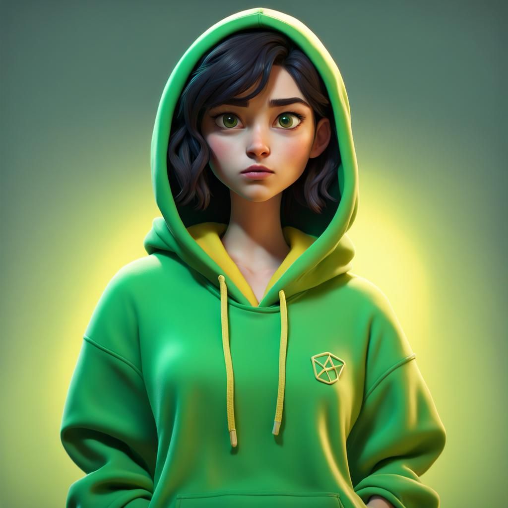 Pixar Style Portrait of a Girl in Green Hoodie