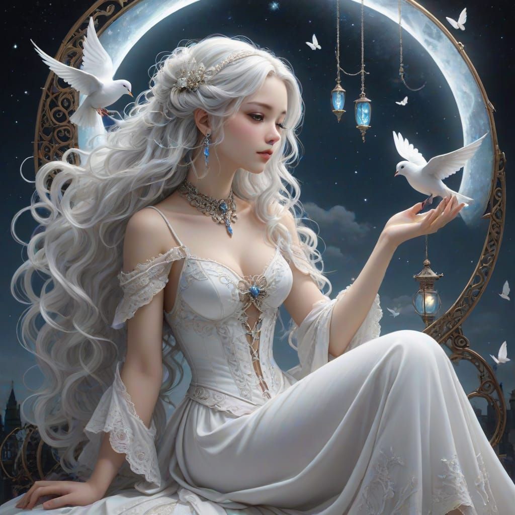 Steampunk Moon Goddess with Doves in Silver Night Sky