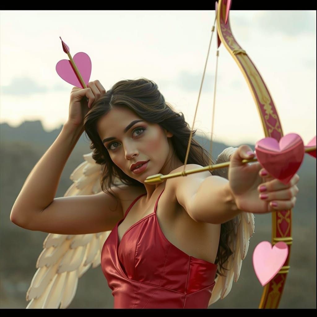 Tall Goddess of Love Poses as Cupid in Vibrant Red Metallic...