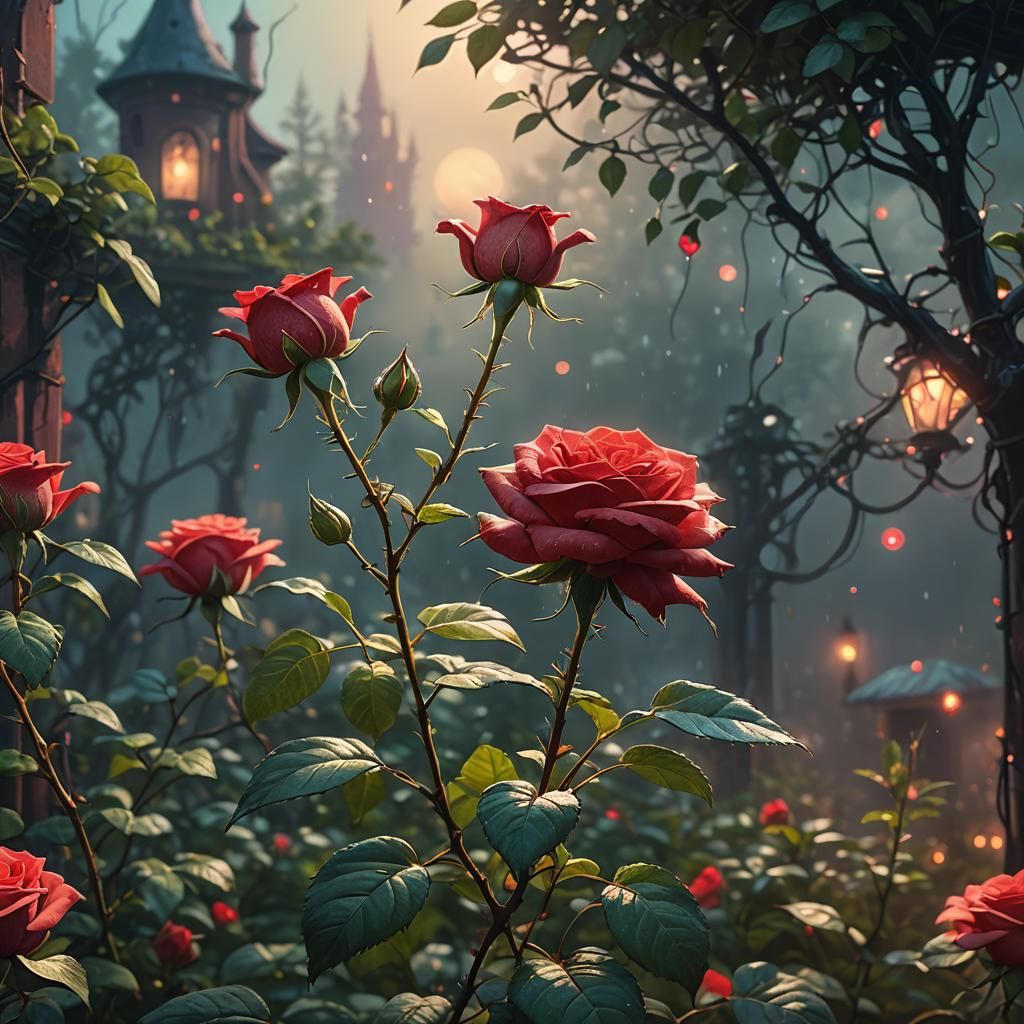 Mystical Red Rose in Dreamlike Garden: Digital Matte Paintin...