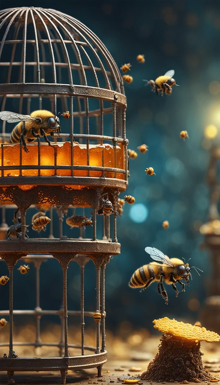 bird cage,spilled honey,bee,Sci-fi robot in the style of Jea...