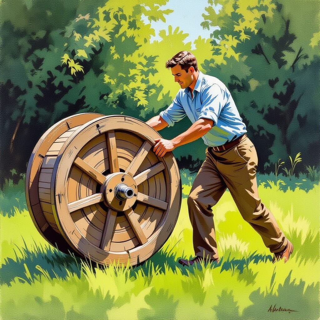 Man Pushing Cable Reel Across Lawn in Ink Painting Style