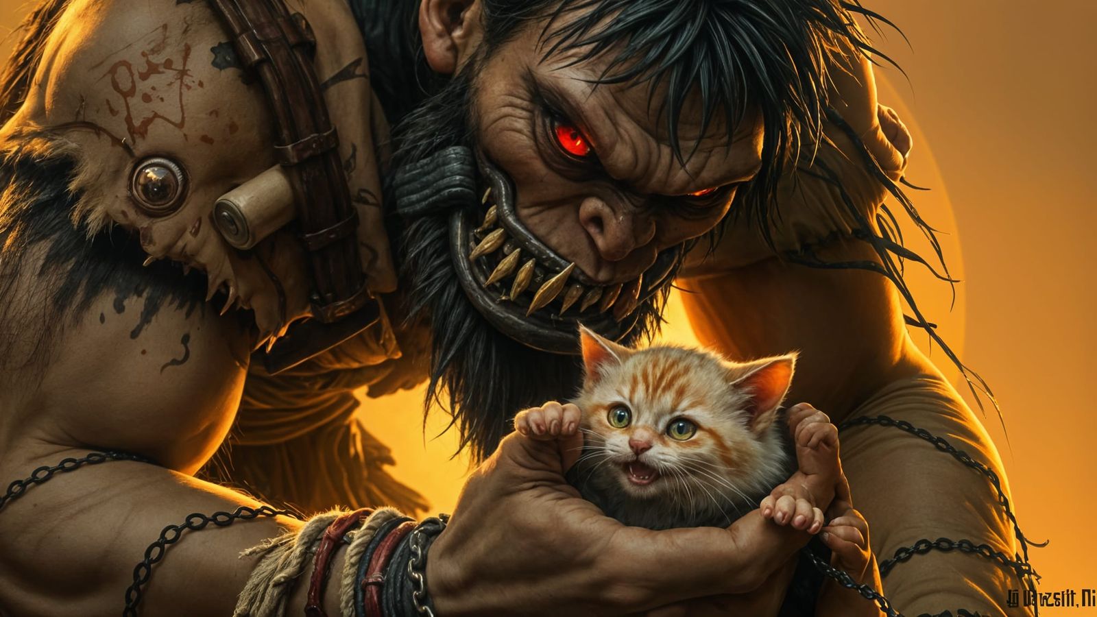 Giant with Fangs Cradles Kitten