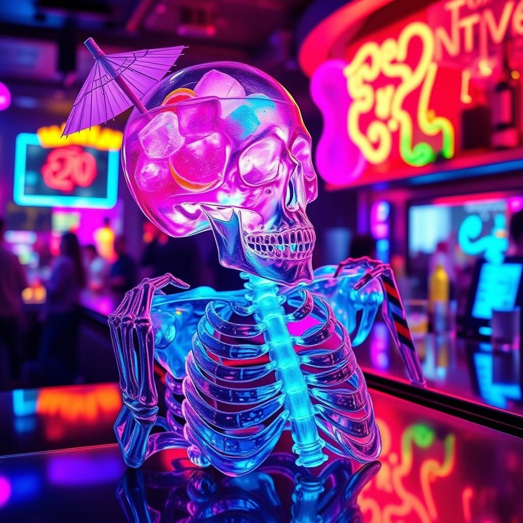 Crystal Skeleton Contemplates a Cocktail in Neon Bar
