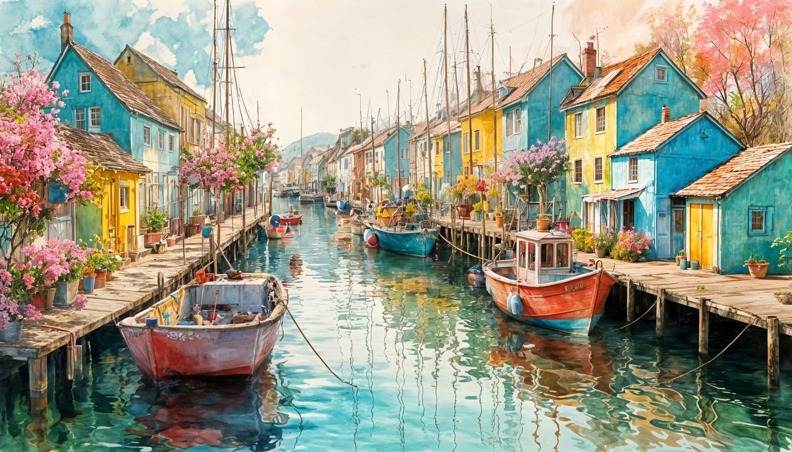 Candy-Colored Fishing Village on Calm Waters